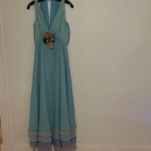 Aqua V-Neck Maxi Dress with Floral Waist Accent